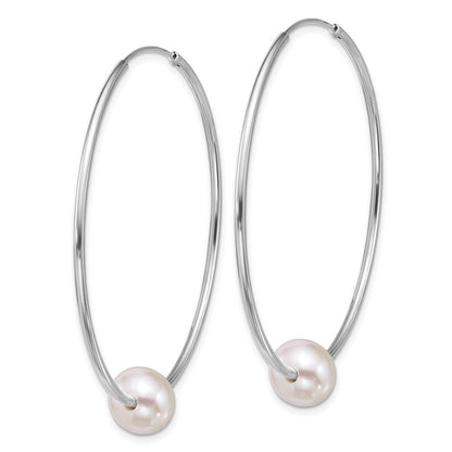 Sterling Silver 8-9mm White Semi-Round Freshwater Cultured Pearl Hoop Earrings