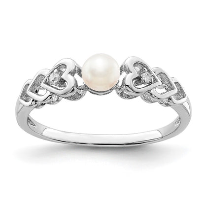 Sterling Silver Rhodium-plated FW Cultured Pearl & Diam. Ring