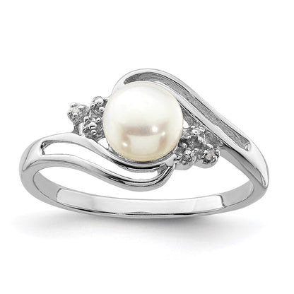 Sterling Silver Rhodium 6mm FW Cultured Button Pearl & Diamond Ring Size 6