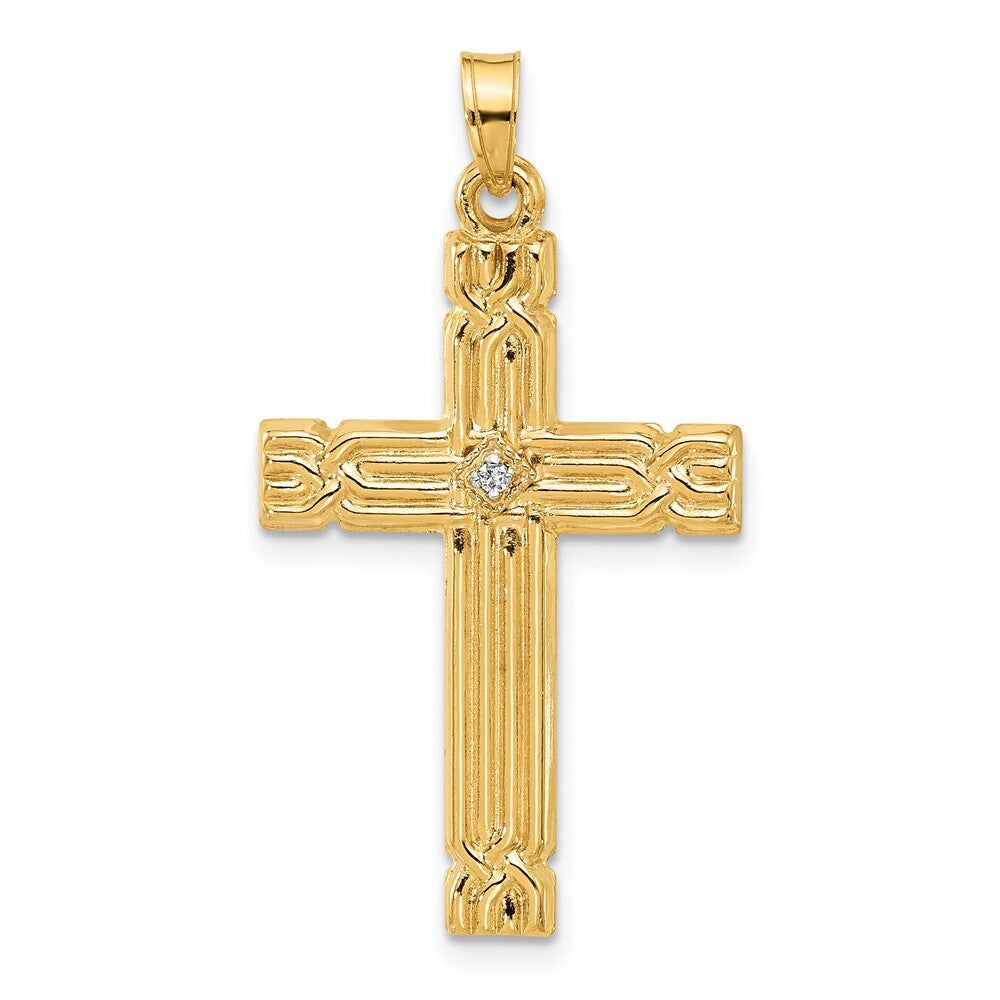 14k Yellow Gold Polished and Grooved Hollow Diamond Cross Pendant for Women