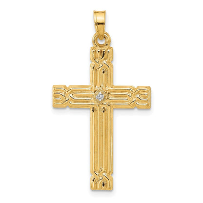 14k Yellow Gold Polished and Grooved Hollow Diamond Cross Pendant for Women