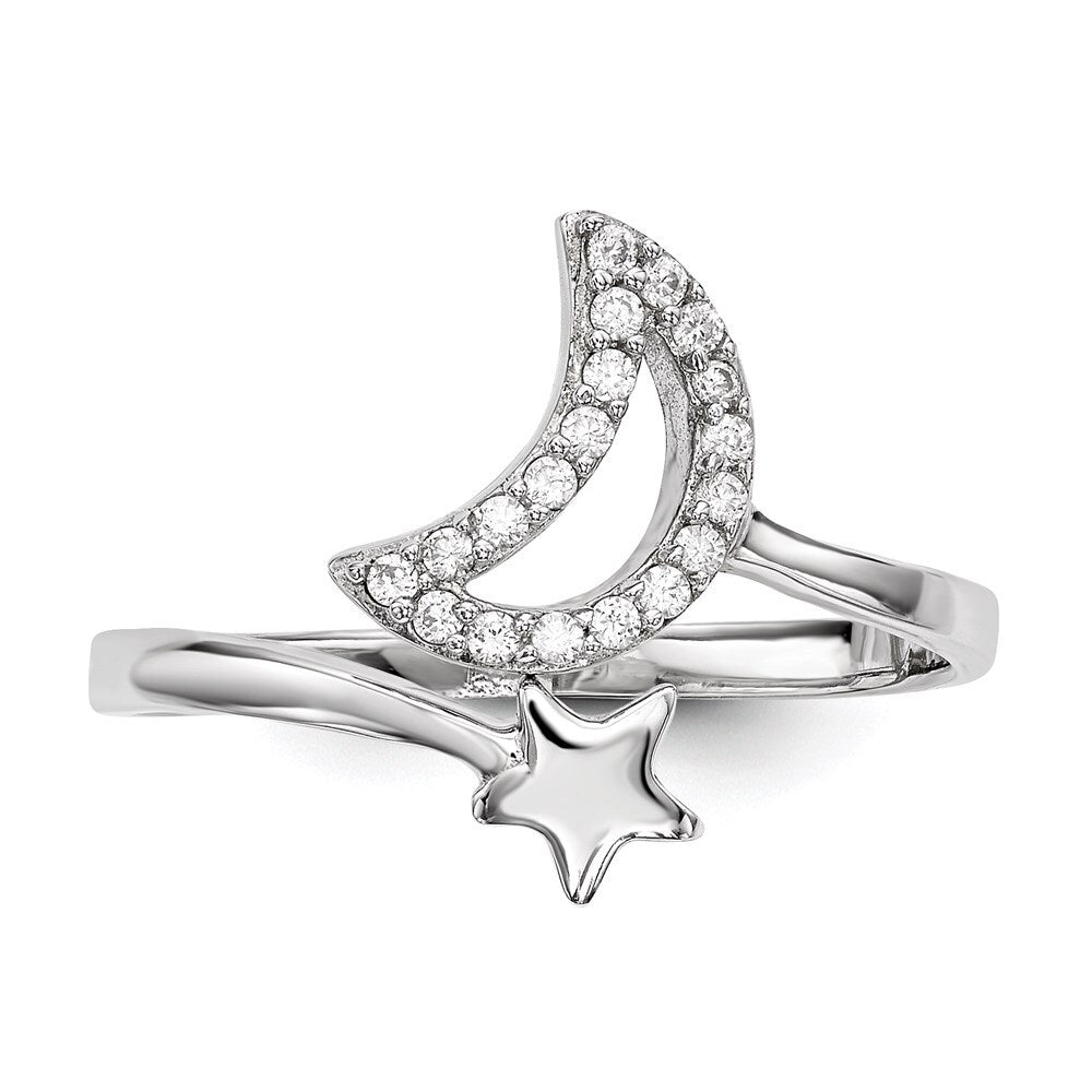 Sterling Silver Rhodium-plated Cubic Zirconia Moon and Star Ring Size 8