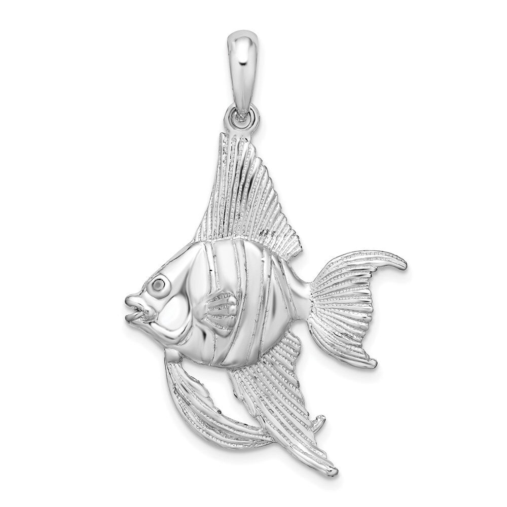 Sterling Silver Rhodium-Plated Polished and Textured 3D Angel Fish Pendant