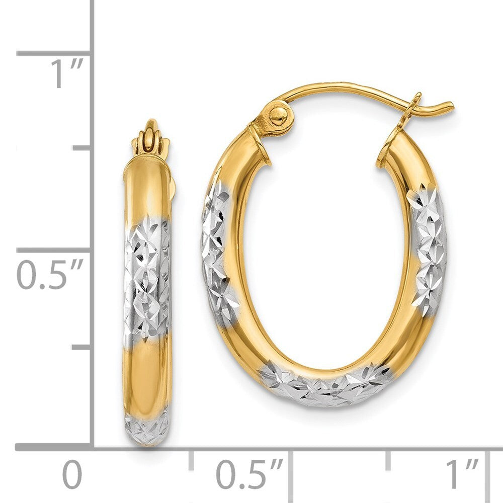 14k Yellow Gold & Rhodium 3mm Diamond Cut Oval Hollow Hoop Earrings