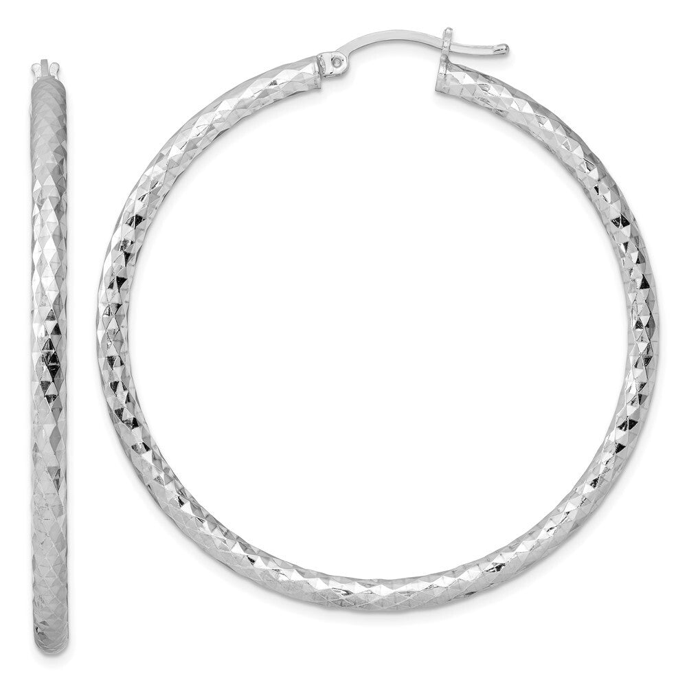 Sterling Silver Rhodium-plated Textured 3x50mm Hoop Earrings