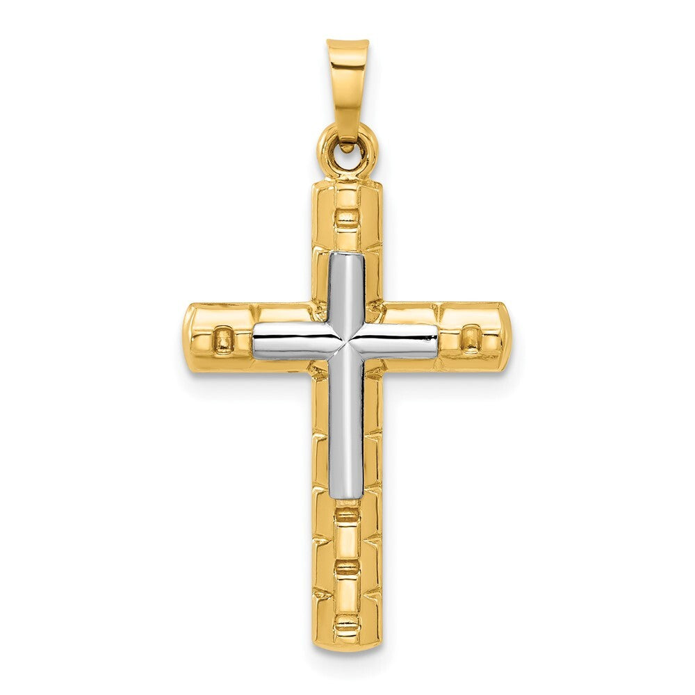 14k Two-tone Gold Textured and Polished Hollow Latin Cross Pendant