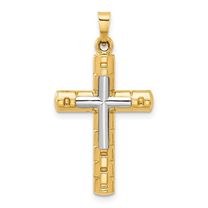 14k Two-tone Gold Textured and Polished Hollow Latin Cross Pendant
