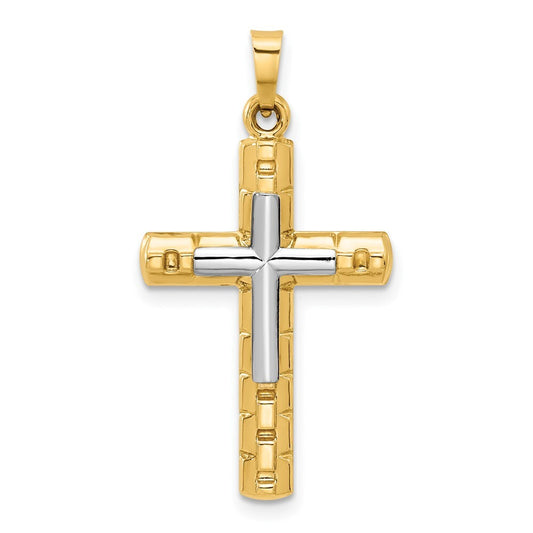 14k Two-tone Gold Textured and Polished Hollow Latin Cross Pendant