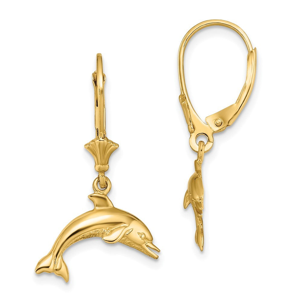 14k Yellow Gold Jumping Dolphin Drop Dangle Earrings