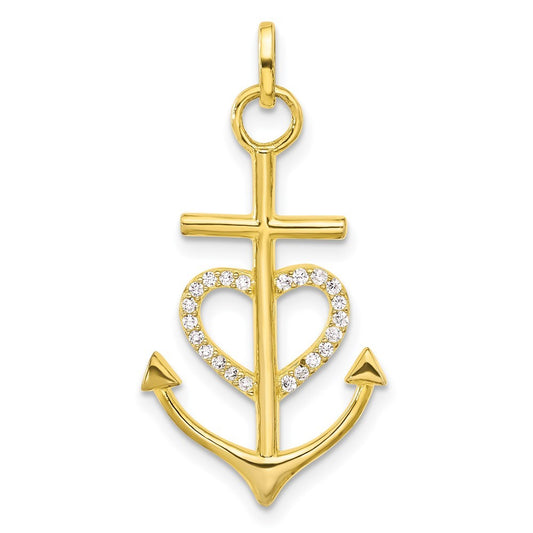 Sterling Silver Gold-tone Cross Cubic Zirconia Heart Anchor Pendant