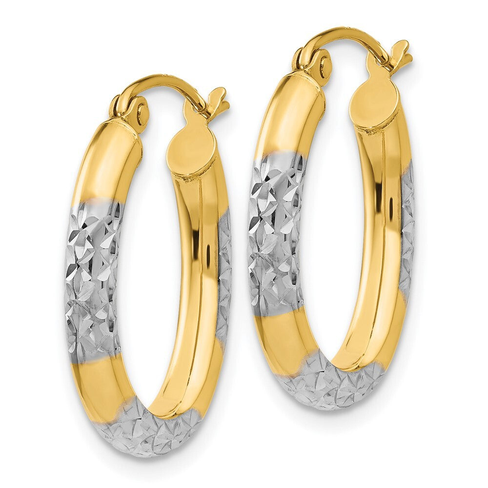 14k Yellow Gold & Rhodium 3mm Diamond Cut Oval Hollow Hoop Earrings