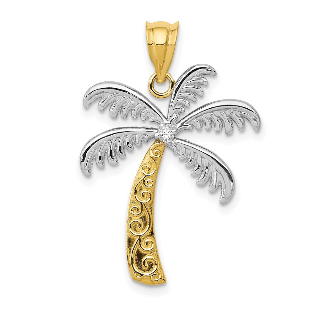14k Yellow Gold Rhodium Diamond Palm Tree Pendant for Women
