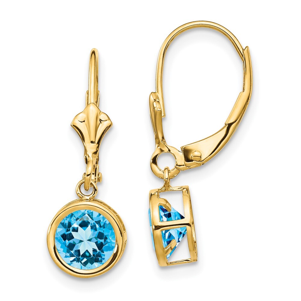 14k Yellow Gold 6mm Blue Topaz Dangle Earrings Leverback Gift for Women