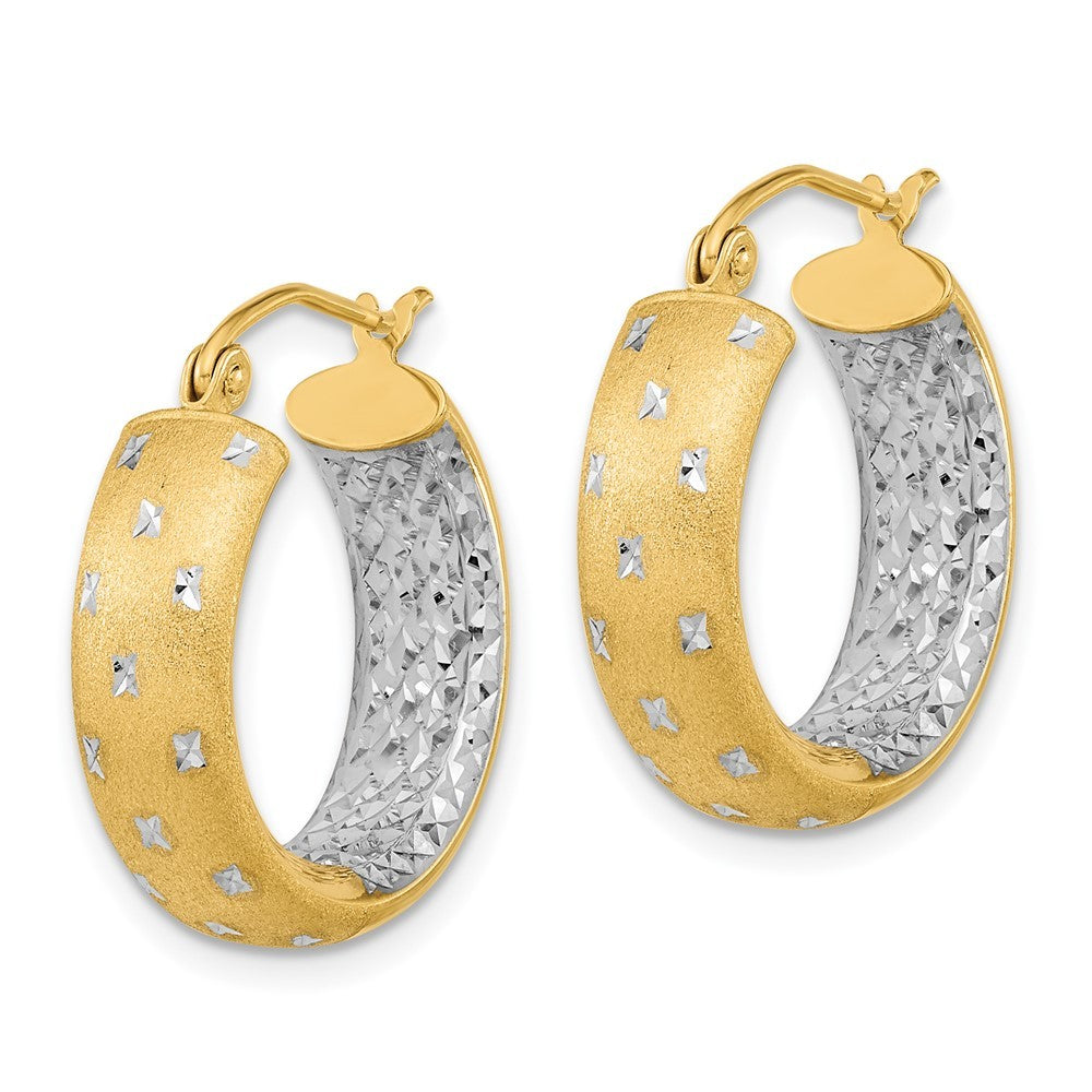 14k Yellow Gold White Rhodium Polished Satin Diamond-cut In/Out Hoop Earrings