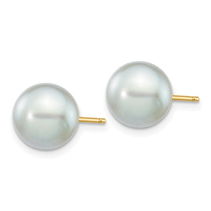 14k Yellow Gold 8-9mm Grey Round Akoya Saltwater Cultured Pearl Stud Earrings