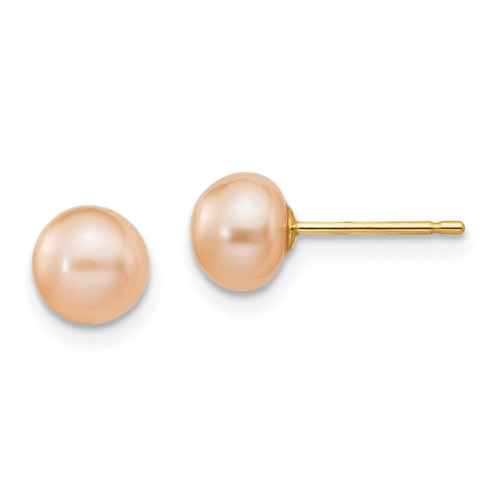 14k Yellow Gold 6-7mm Pink Button Freshwater Cultured Pearl Stud Earrings