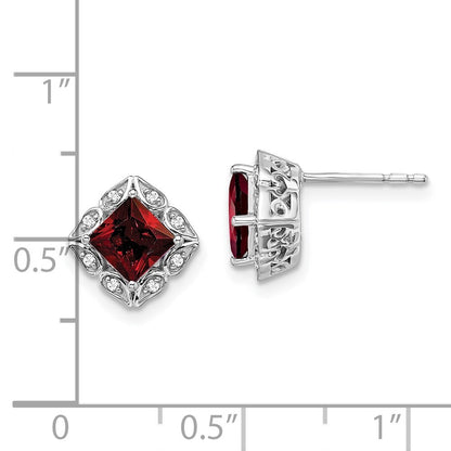 14k White Gold Square Garnet and Diamond Stud Earrings