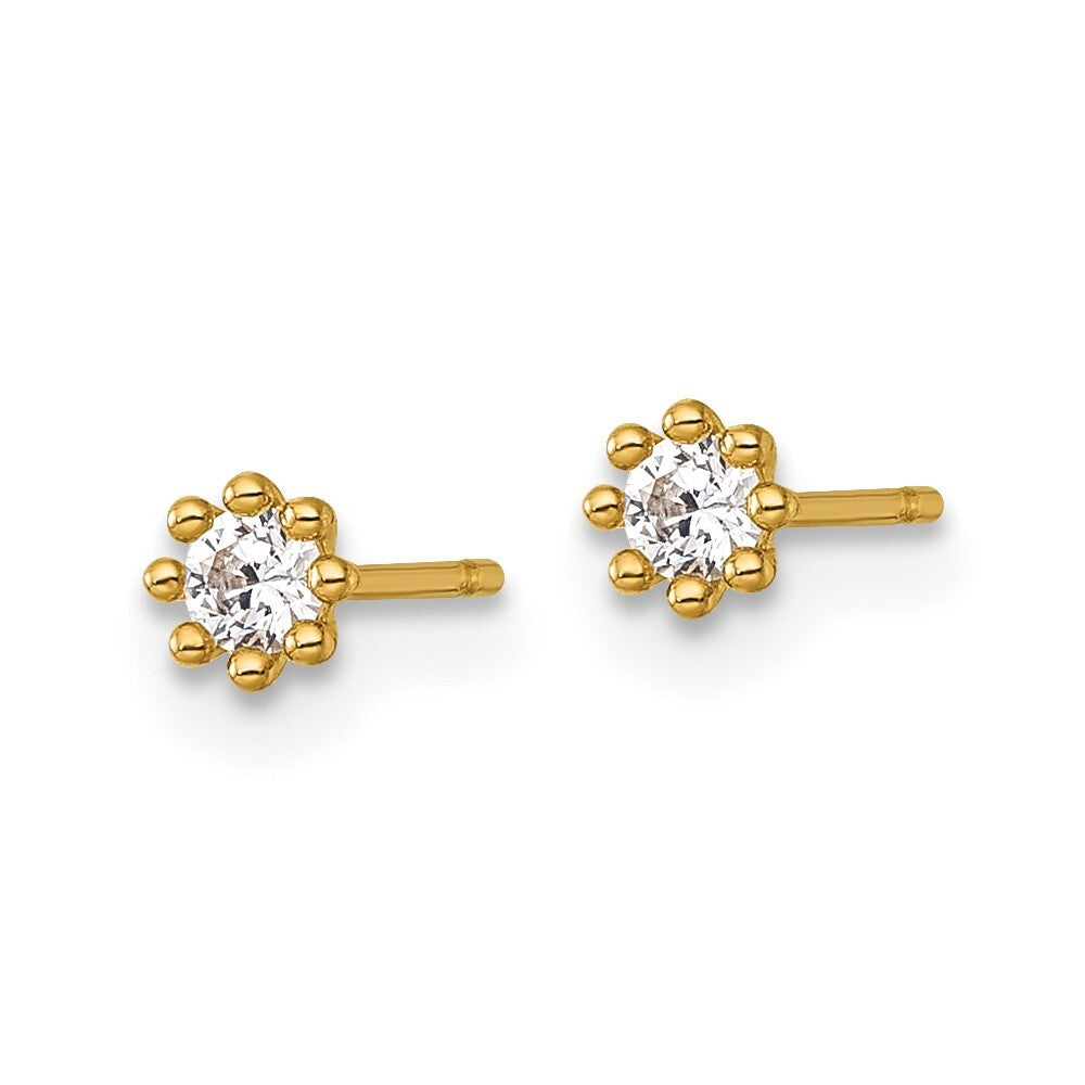 14k Yellow Gold Polished and Beaded Round Cubic Zirconia Stud Earrings