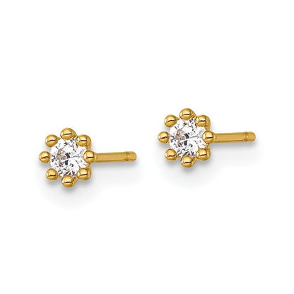 14k Yellow Gold Polished and Beaded Round Cubic Zirconia Stud Earrings
