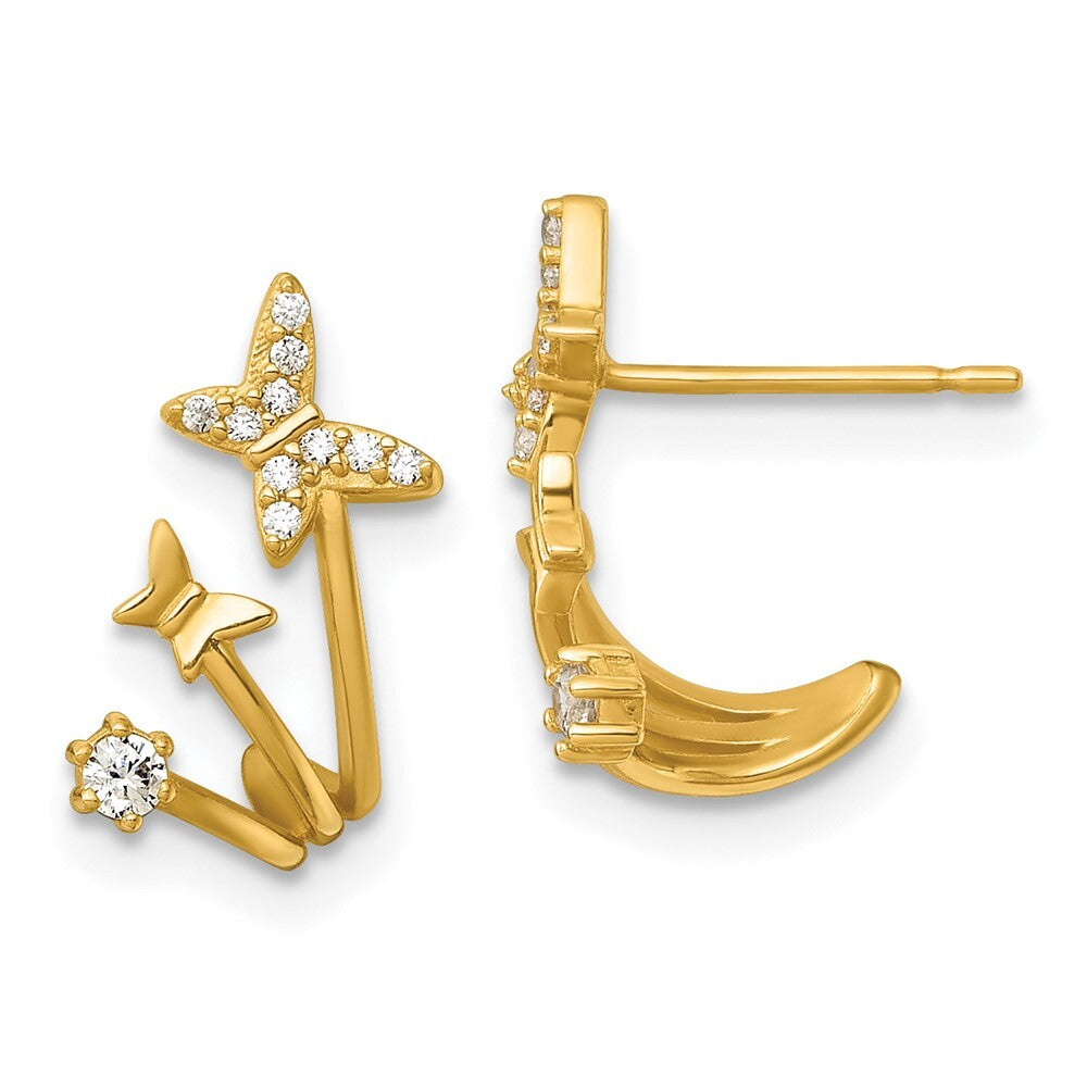 14k Yellow Gold Polished Cubic Zirconia Double Butterfly Cuff Stud Earrings