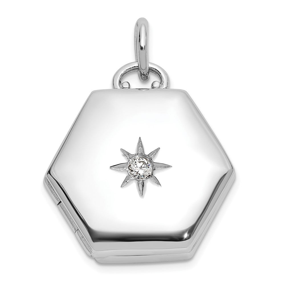 Sterling Silver Rhodium-plated Polished Cubic Zirconia Star 16mm Hexagon Locket