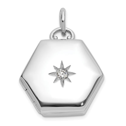 Sterling Silver Rhodium-plated Polished Cubic Zirconia Star 16mm Hexagon Locket