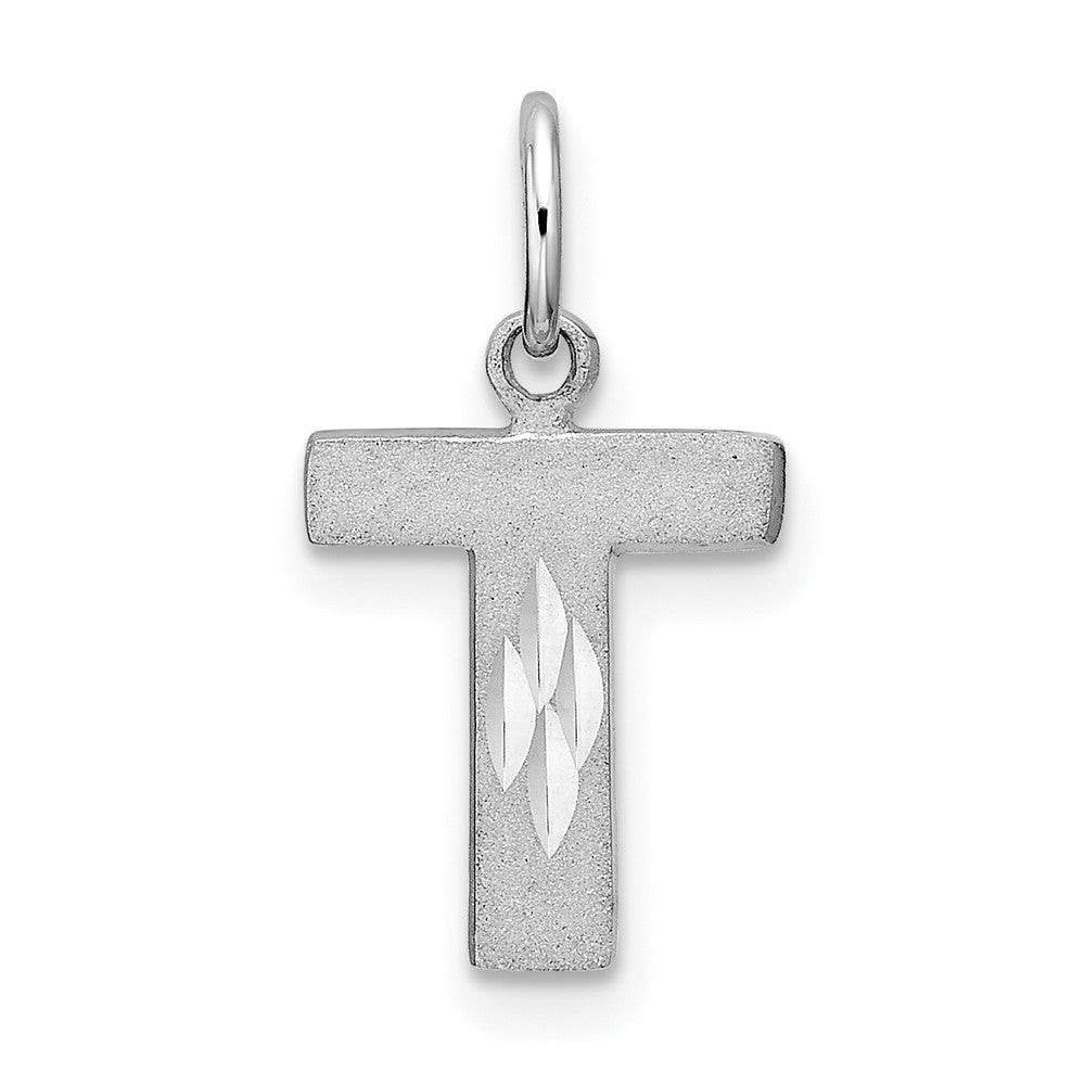 14k White Gold Satin Diamond-cut Letter T Initial Charm Pendant