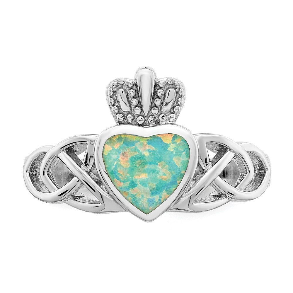 Sterling Silver Rhod-plated Lab Created Opal Celtic Knot Crown Ring Size 7