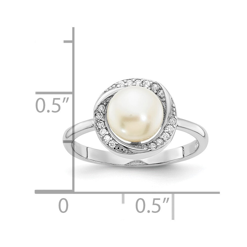 Sterling Silver 7-8mm Button White Freshwater Cultured Pearl and CZ Ring Size 7