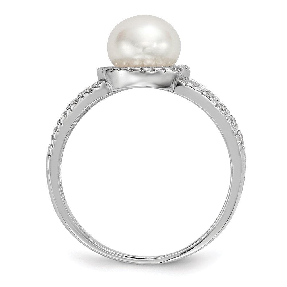 Sterling Silver 7-8mm White Button Freshwater Cultured Pearl and CZ Ring