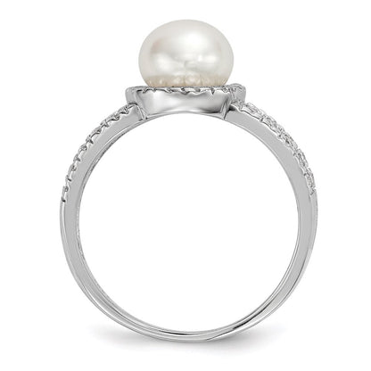 Sterling Silver 7-8mm White Button Freshwater Cultured Pearl and CZ Ring