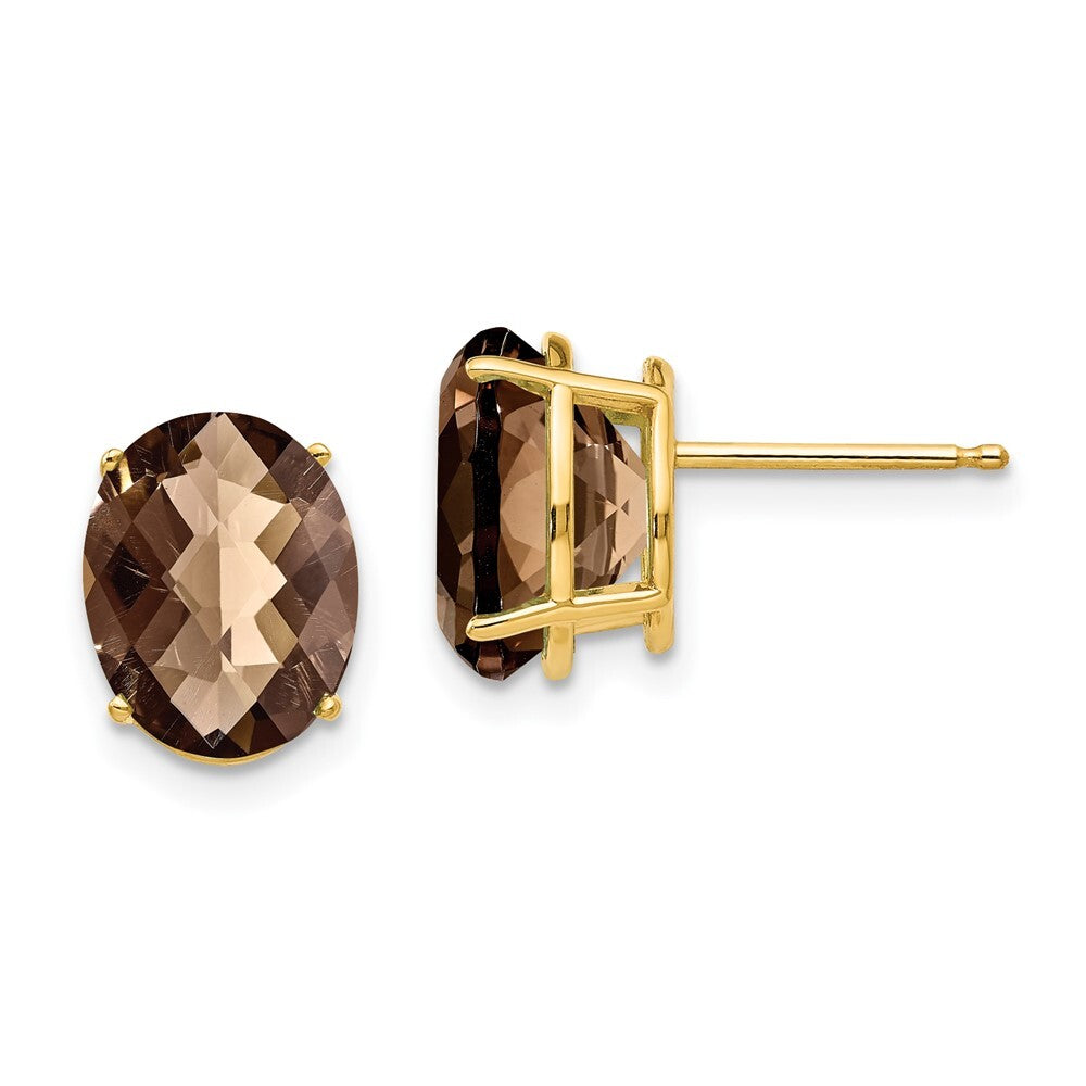 14k Yellow Gold 10x8 Oval Checker-Cut Smoky Quartz Stud Earrings