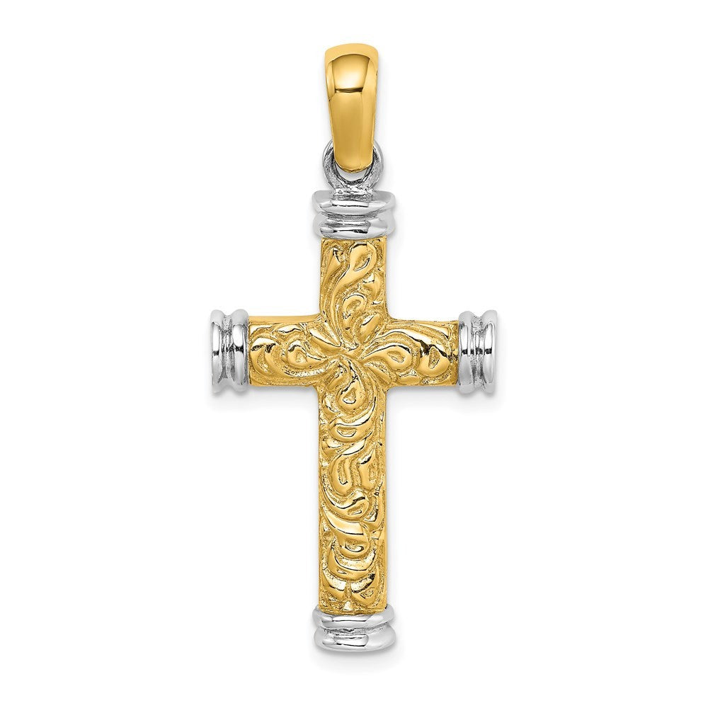 14K Two-Tone Gold w Rhodium Scroll and Double Endcaps Cross Charm