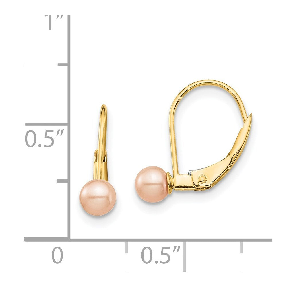 14k Yellow Gold 4-5mm Pink Round Freshwater Cultured Pearl Leverback Earrings