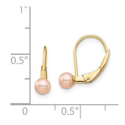 14k Yellow Gold 4-5mm Pink Round Freshwater Cultured Pearl Leverback Earrings