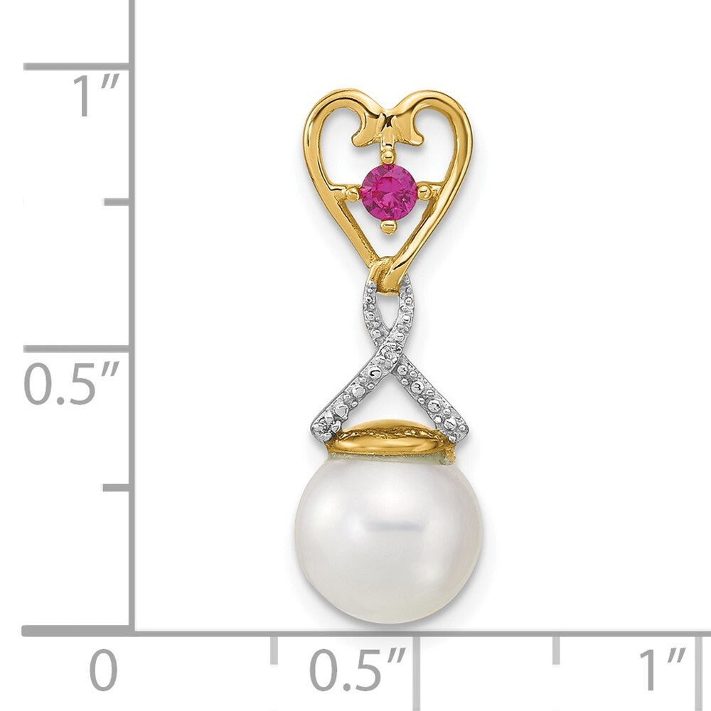 14k Yellow Gold Diamond 8-9mm Round FWC Pearl Lab Cr. Ruby Chain Slide Pendant