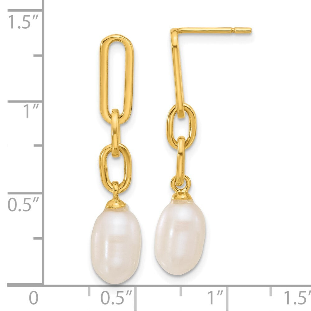 Sterling Silver Gold-tone Polished Synthetic Pearl Link Dangle Earrings