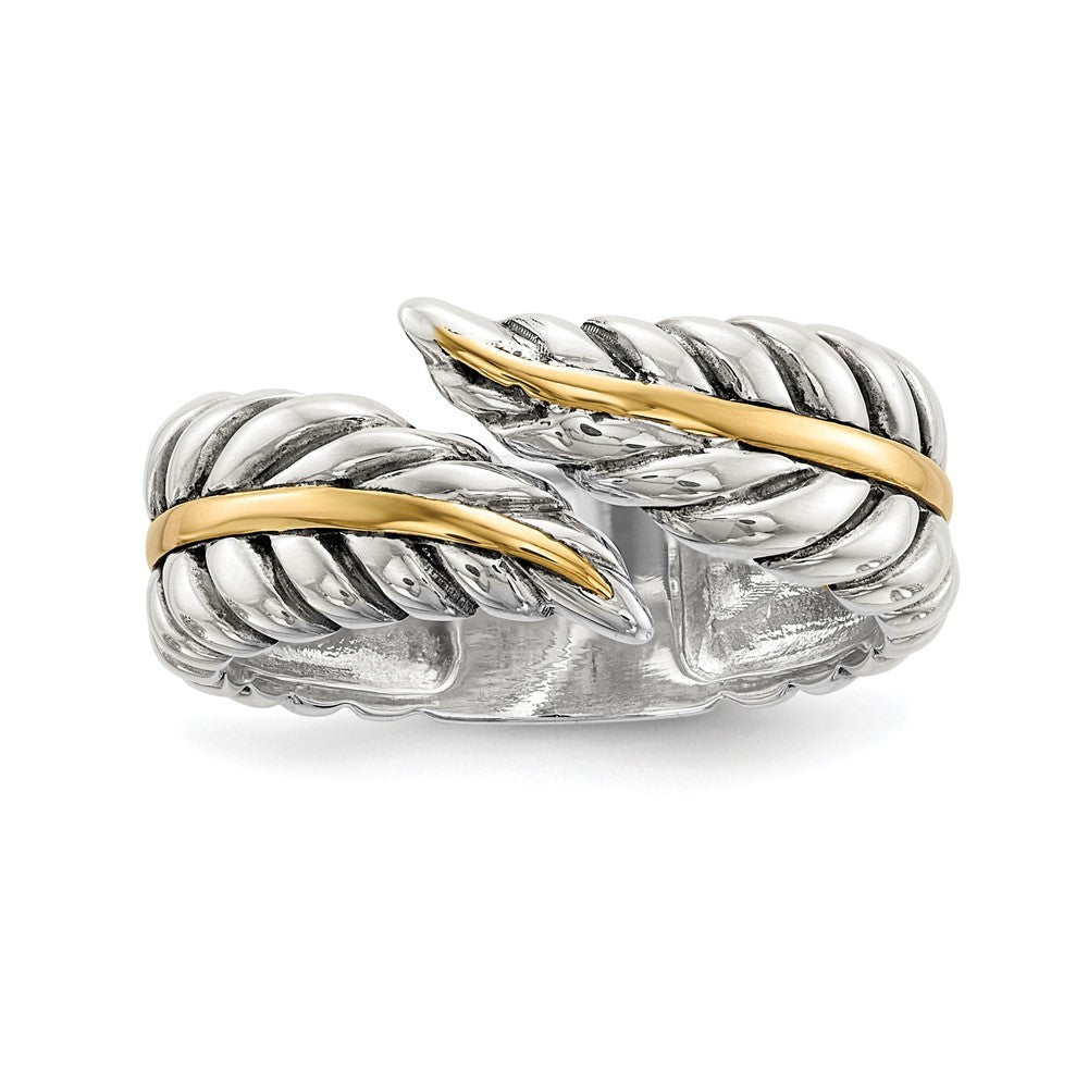 Sterling Silver 14k Antiqued Leaves Bypass Ring