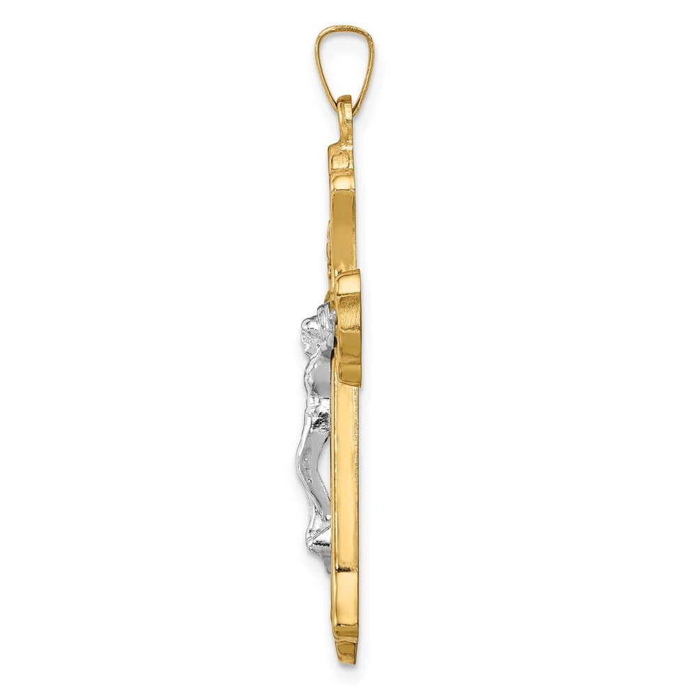 14k Two-tone Gold Hollow Polished Woven Fleur de Lis Crucifix Pendant