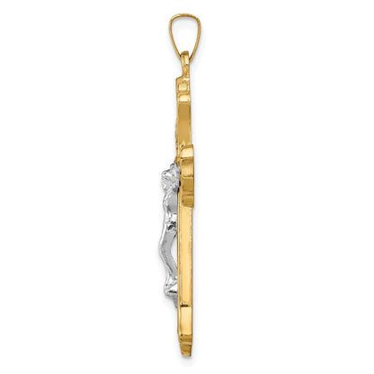 14k Two-tone Gold Hollow Polished Woven Fleur de Lis Crucifix Pendant