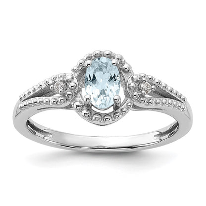 Sterling Silver Rhodium-plated Aquamarine & Diamond Ring