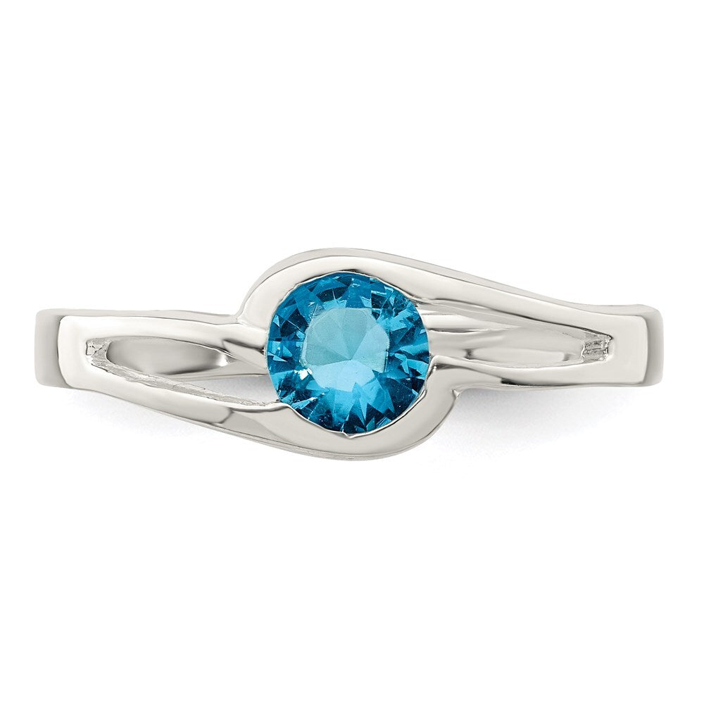 Sterling Silver Light Blue Round Bezel Cubic Zirconia Ring Size 6
