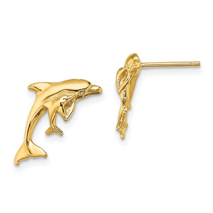 14k Yellow Gold Polished Dolphin and Baby Stud Earrings Gift for Women