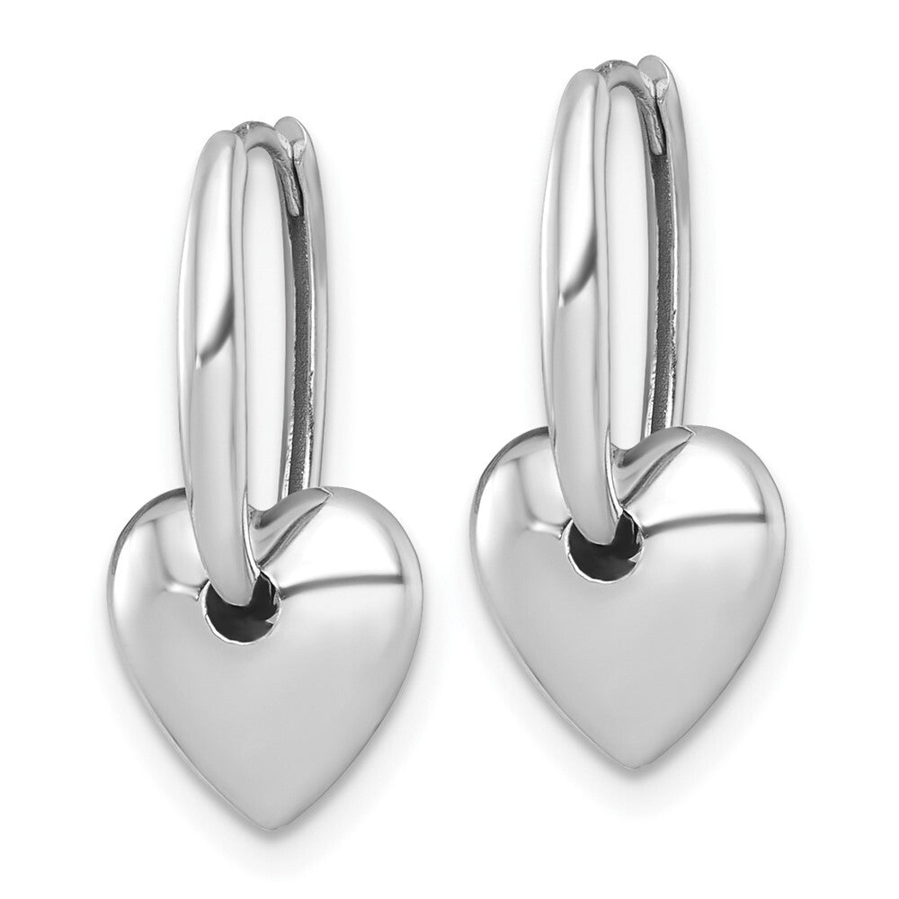 14k White Gold Polished Dangle Puffed Heart Hinged Hoop Earrings Gift for Women