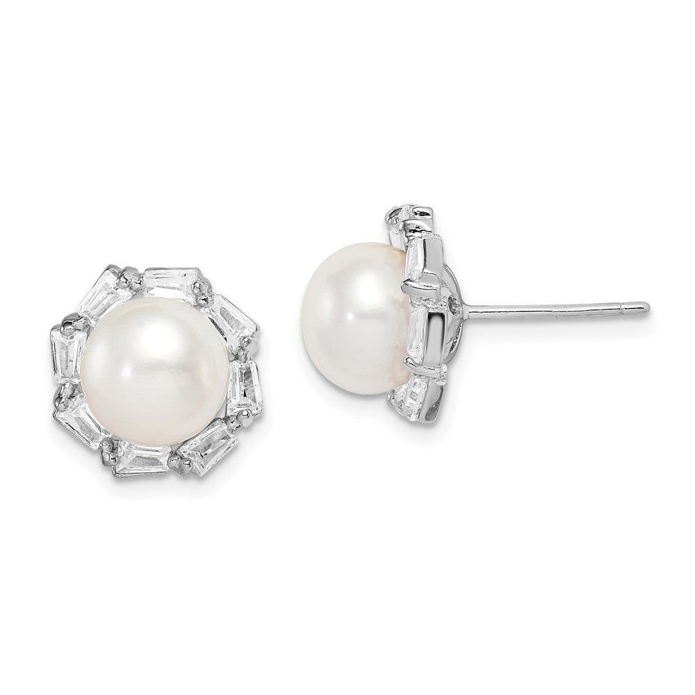 Sterling Silver 8-9mm Freshwater Cultured Pearl and CZ Earrings