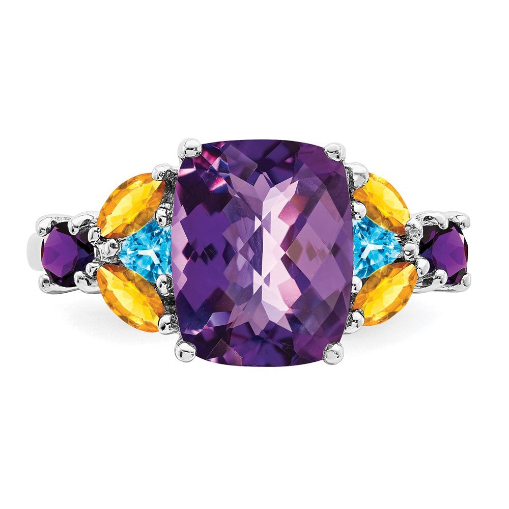 Sterling Silver Rhodium-plated Amethyst, Blue Topaz & Citrine Ring Size 6
