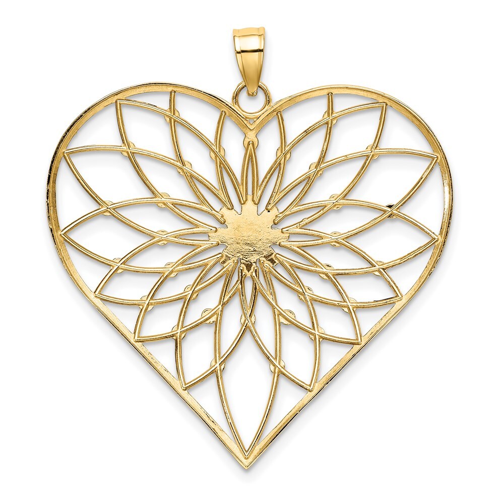 14k Yellow Gold with White Rhodium Diamond-cut Large Filigree Heart Pendant