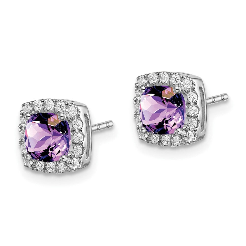 14k White Gold Cushion Amethyst and Diamond Halo Stud Earrings