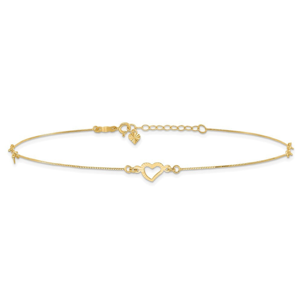 14k Yellow Gold Diamond-cut Open Heart 3-Station 11" Anklet