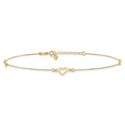 14k Yellow Gold Diamond-cut Open Heart 3-Station 11" Anklet